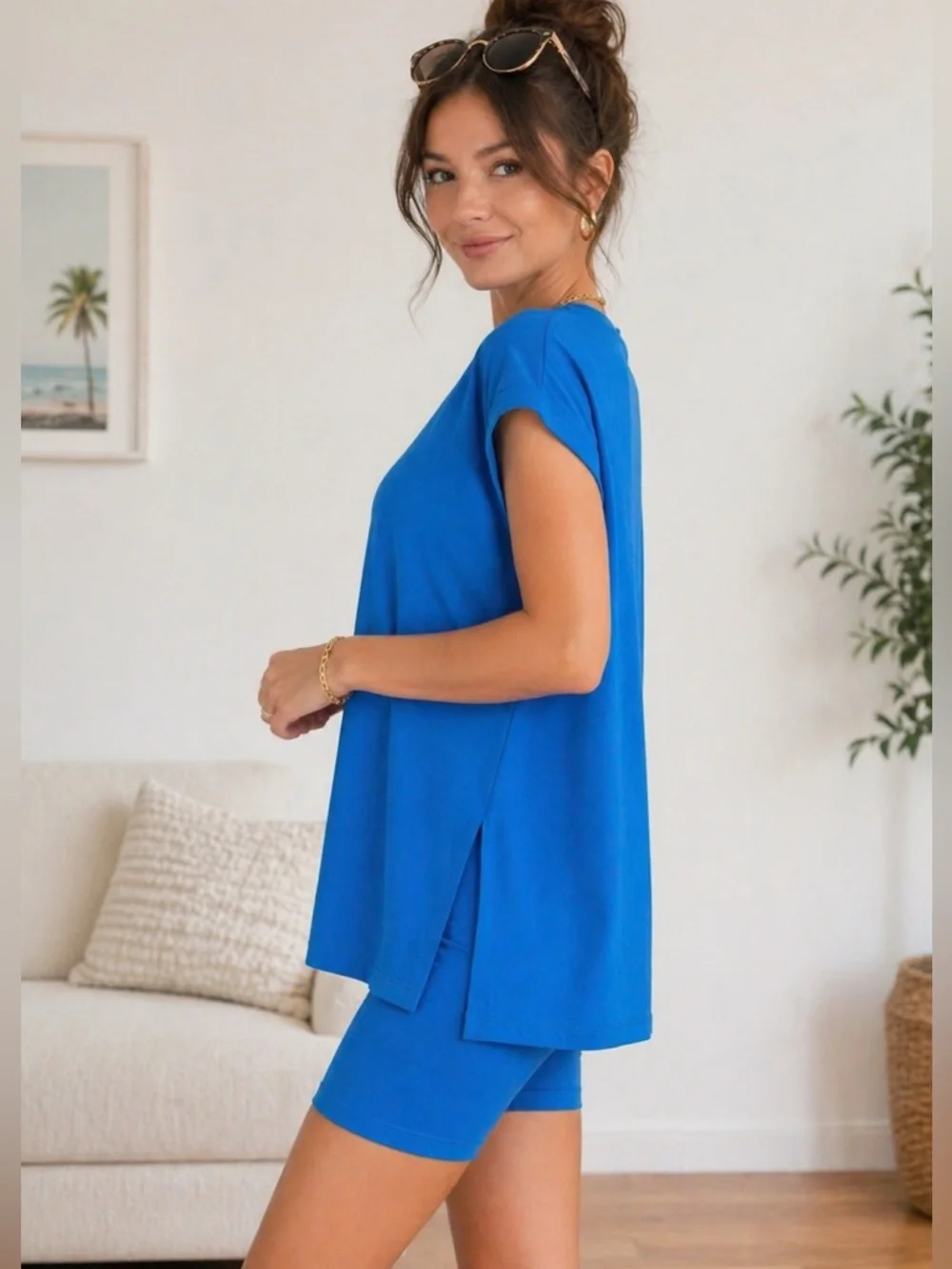 ZENANA Ocean Blue Relaxed Fit Lounge Set | Oversized Tee + Biker Shorts Sz L NWT